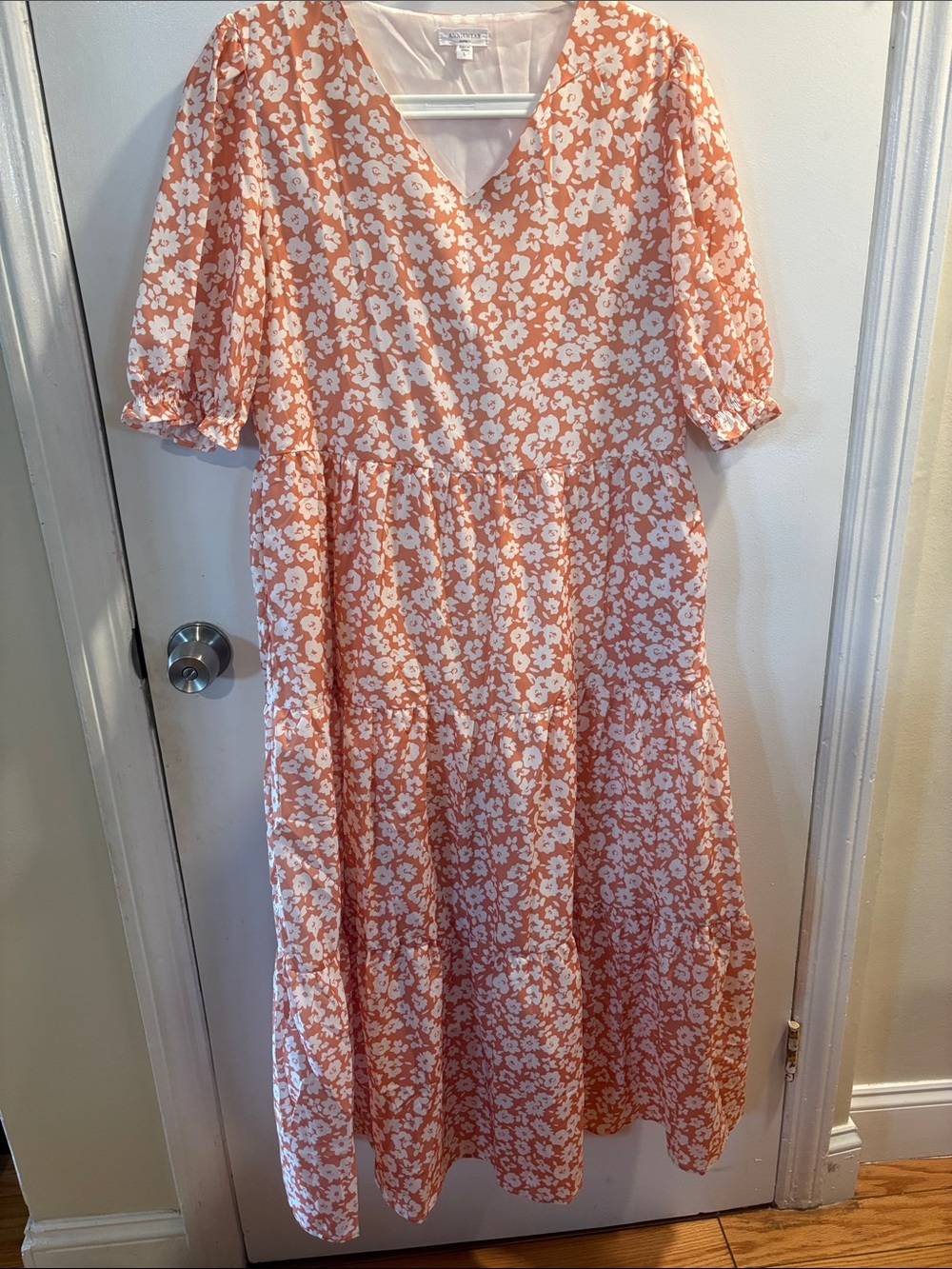 Annie Peach Floral V-Neck Tiered Maxi Dress Puff Sleeve